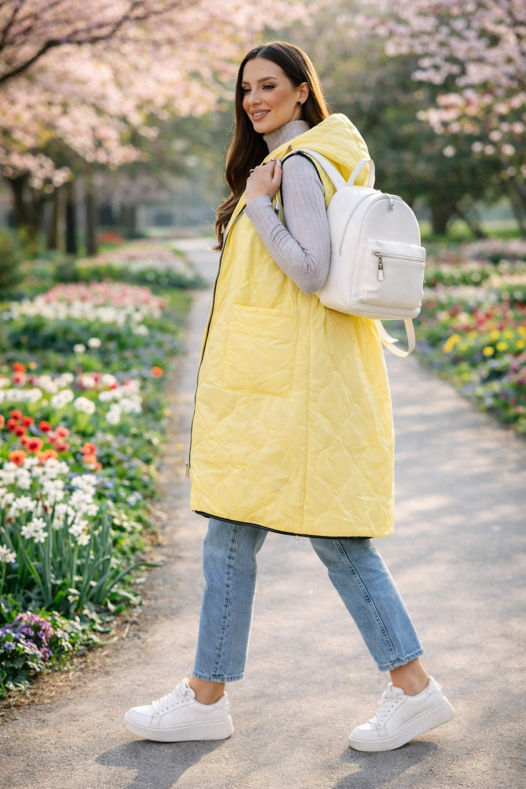 dámska dlhá prešívaná vesta Saška žltá- ideálna jarná vesta